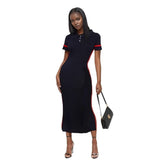 Large-Size Dress Collar Faish Short-Sleeved Striped Dress Peter Pan Collar High