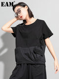Women Black Big Size Irregular Spliced Pockets T-shirt New Round Neck Short Sleeve Fashion Tide Spring Summer 2023
