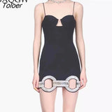 Elegant Ladies Black Spaghetti Strap Skinny Rhinestone Design Mini Bandage Dress Celebrity Runway Party Club