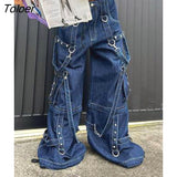 Streetwear Blue Cargo Wide Leg Jeans Women Low Waist Hip Hop Korean Fashion Denim Trousers Vintage Bondage Baggy