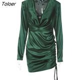 Sexy Deep V-neck Drawstring Women Dress Green Long Sleeve High Waist Mini Dress Ladies Spring Skinny Fashion Party