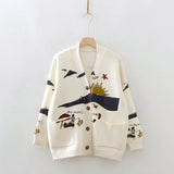 Autumn White Cotton Knitted Cardigan Sweater Women Coat 2022 Print V-Neck Pockets Female Jumpers Casaul Buttons Women