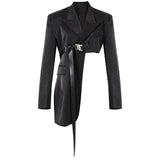 Women Black Irregular Buckle Blazer New Lapel Long Sleeve Loose Fit Jacket Fashion Tide Spring Autumn 2023