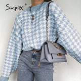 Women geometric khaki knitted sweater women casual Houndstooth lady pullover sweater female Autumn winter retro