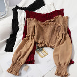 Sexy Slash Neck Short Tops Women Ruffle Long Sleeve Khaki/White Shirts Casual Slim Off Shoulder Tops Female New Fashion