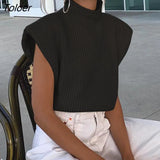 Streetwear Turtleneck Sweater Sleeveless Shoulder Pads Fashion Wram Pullover Office Stretch All-Match Winter Top Women