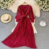 Red/Yellow/Black Embroidered Pleated Long Dress Vintage V-Neck Lantern Sleeve High Waist Draped Maxi Vestidos Female 2022