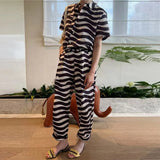 Loose Striped Colorblock Two Piece Set Womens Lapel Short Sleeve Shirt High Waist Wide Leg Pants Sets Female
