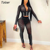 Mesh See Through 2 Piece Set Sexy Club Party Diamonds Women Set Outfits V Neck Long Sleeve Crop Top Tight Pants
