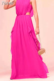 Sleeveless Long Dress For Women Stand Collar Hollow Out High Waist Spliced Irregular Ruched Slim Solid Dresses Female