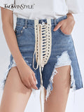 Streetwear Patchwork Tassel Shorts For Women High Waist Bandage Irregular Hem Denim Shorts Female Fashion New