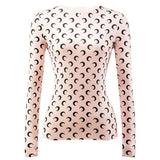 Sexy Thin Tight-fitting Fashion Moon Print Long Sleeves T-shirt 2022New Spring Summer Female Ice Silk Sunscreen