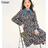 Women Dress 2022 Winter Long Sleeves Polo Neck A-line Retro Contrast Color Elegant Casual Streetwear Midi