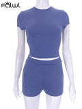 Summer Sexy Casual Two Piece Sets For Women 2023 Solid Short Sleeve Bodycon Crop Top And Shorts Sets Sweatsuits