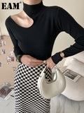 Women Black Cut-out High Elastic Knitting Brief T-shirt New Turtleneck Long Sleeve Fashion Tide Spring Autumn 2023