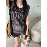 Grunge Foral Logo Oversized Ripped Tank Top-Outfit
