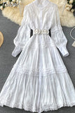 Fashion Women's Dress New Round Neck Lace Loose Single Breatsed Long Sleeve Belt Waist Mid-calf Dresses Summer2023