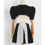 TWOTWINSTYLE High Street Patchwork Bowknot Dress For Womens Square Collar Puff Sleeve High Waist Mini Dresses Female Summer