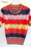 Summer New Contrast Color Striped Short Sleeve Sweater Women Knit Cardigan Y2K Casual Hollow Out V-Neck Knitwear Top