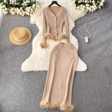 High-End Small Fragrant Style Two Sets Of Women's Atmosphere Knitted Open Fork Shirt