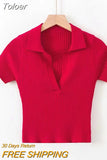 Women Polo Shirts Short Sleeve Knit T-shirt Plain Women Ribbed V-neck Crop Top Solid Slim Cropped Tees 2023
