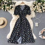 button floral print V Neck Long Dress Summer Party elastic waist dress Women elegant tunic split beach