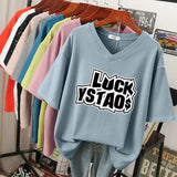 100% Cotton L-5XL T Shirt Plus Size Tshirt Short Sleeve Women Top Summer Letter Print Couple V Neck Oversized T