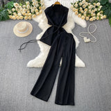 Gray West Assembly V-Neck Double Buckle Vest Sleeveless Waist Blouse + High Waist-High-Scretch Broad-Legged Trousers