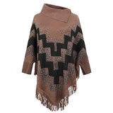 Autumn Winter Fringe Poncho Women Sweater Oversized Turtleneck Jumper Knitwear Holiday Vintage Cape Batwing Sleeve