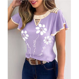 Women New Fashion Ruffled Short Sleeves Chiffon Top Shirts Floral Print Round Neck Casual Slim Fit Top Blouse