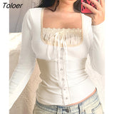 Autumn Basic Wool Fleece Women T-shirts Bow Lace Patchwork Aesthetic Slim Tops Fairycore Casual Streetwear