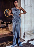 Elegant Blue Sequins Ruffles Slit Evening