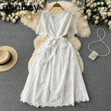 Green/White/Pink Summer New Lace Embroidery Dress Women Short Sleeves Dresses Female Vintage Party Beach Maxi Long