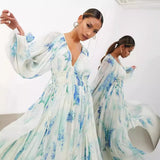 Women's Printed Chiffon Dress V Collar Folded Waist Drawstring Long Sleeve