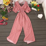 Jumpsuit Women Casual Elegant Polka Dot Puff Sleeve High Waist Chiffon Wide Leg Playsuit Female Rompers