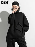 Women Big Size Pocket Irregular T-shirt New Turtleneck Long Batwing Sleeve Fashion Tide Spring Autumn 2023