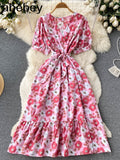 2022 Vintage Floral Print V Neck Bandage Dress Summer Midi Long Party Women High Waist Vestido De Festa Elegant