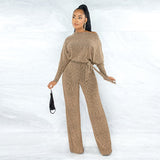 Women 2023 Spring Long Sleeve High Waist Loose Belt Wide Leg Jumpsuit Elegant Office Ne Piece Outfit Party