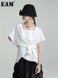 Women White Irreuglar Hem Bandage Bow Elegant T-shirt New Square Collar Short Sleeve Fashion Spring Summer 2023