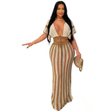 Knitted Suit Woman Sexy V-Necked Leaf Sleeve Top + Striped Ass Skirt