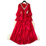 High-End Elegant Dress Women Fashion Heavy Industry Embroidery Stender V Collar Waist Temperament Court Style Long