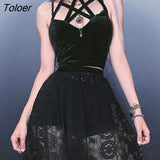 Y2K Mall Goth Crop Tops Black Lace Trim Emo Alternative Aesthetic Crop Tops Women Backless Sexy Stripe Tanks Gothic