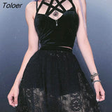 Gothic Summer Halter Black Camis Women Streetwear Bandage Hollow Out Crop Top Sleeveless Punk Backless Sexy
