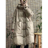 Loose Fit Khaki Pocket Big Size Down Jacket New Hooded Long Sleeve Warm Women Parkas Fashion Autumn Winter 2022