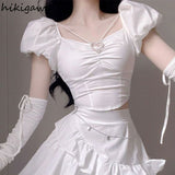 Clothes Fashion Two Piece Set for Women Sweet Puff Sleeve Crop Tops Irregular Ruffles A-line Skirt Suit Fashion Y2k