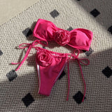 2024 New Solid-Colored Rose Breast Drawstring Strap Split Swimsuit