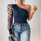 Toloer Women's 2024 New Inclined Shoulder Single Sleeve Wave Dot Mesh Splicing Long Sleeve Waist Show Thin Female Jacket T-Outfit
