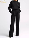 Fashion Black Office Two Piece Sets Womens Outifits Elegant O-Neck Long Sleeve Shirts With Hihg Waist Straight Pants
