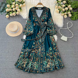 Court Lantern Long Sleeve V-Neck Belt With A Word Print Dress Elegant Swing Dress