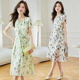 New Loose Temperament Short-Sleeved Dress Female Summer Goddess Fan Print Age Reduction Silk